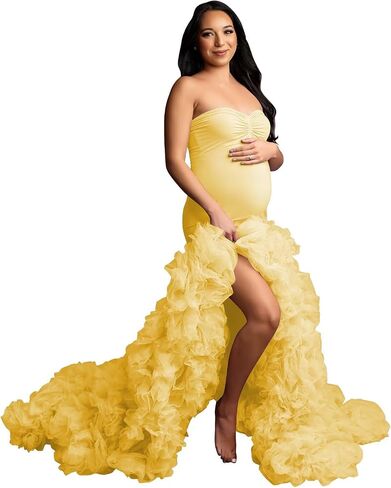 Stretchy Tight Maternity Dresses Pregnancy Gown for Photoshoot Strapless Ruffles Robe for Women Pregnant in Saudi Arabia