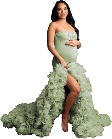 Stretchy Tight Maternity Dresses Pregnancy Gown for Photoshoot Strapless Ruffles Robe for Women Pregnant in Saudi Arabia
