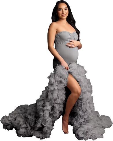 Stretchy Tight Maternity Dresses Pregnancy Gown for Photoshoot Strapless Ruffles Robe for Women Pregnant in Saudi Arabia
