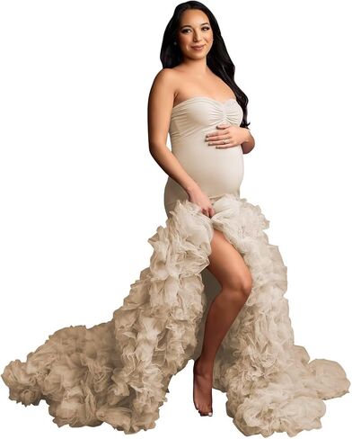 Stretchy Tight Maternity Dresses Pregnancy Gown for Photoshoot Strapless Ruffles Robe for Women Pregnant in Saudi Arabia