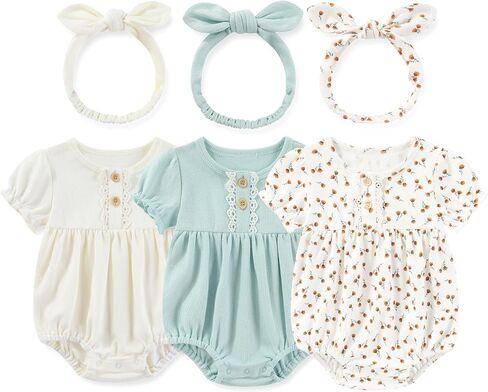Newborn Baby Girl Clothes Cotton Bubble Romper Floral Short Sleeve Bodysuit 3 Pack in Saudi Arabia
