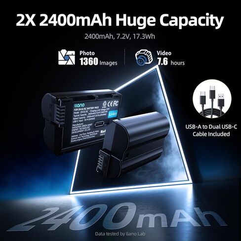 llano USB-C EN-EL15C Battery for Nikon Z6III, Z8, D850, Zf, D7500, Z6II, Z7II, D750, Z6, Z7, Z5, D7200, D7100, D810, D800, D610, D500 Cameras, 2400mAh Capacity, Fully decoded, 2H Full Charged (2 Pack) in Kuwait