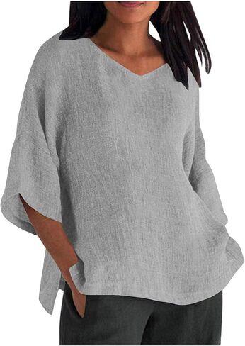Womens V Neck 3/4 Sleeve Shirts Cotton Linen Tops Casual Loose Fit Blouses Oversized Tee Summer Outfits Clothes in Saudi Arabia