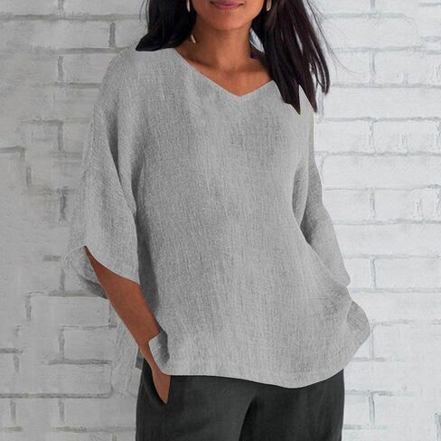 Womens V Neck 3/4 Sleeve Shirts Cotton Linen Tops Casual Loose Fit Blouses Oversized Tee Summer Outfits Clothes in Saudi Arabia