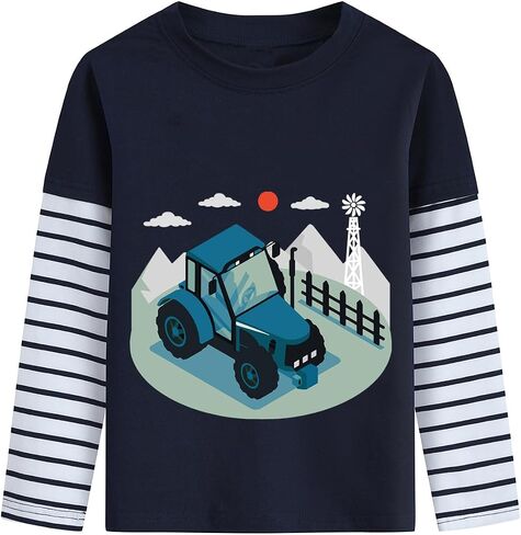 DDSOL Toddler Boy Long Sleeve Shirt Ball Dino Train Planet Excavator Stripe Long Sleeve Tops for Kids 2-7 Years in Kuwait