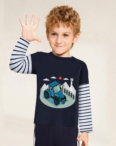 DDSOL Toddler Boy Long Sleeve Shirt Ball Dino Train Planet Excavator Stripe Long Sleeve Tops for Kids 2-7 Years in Kuwait