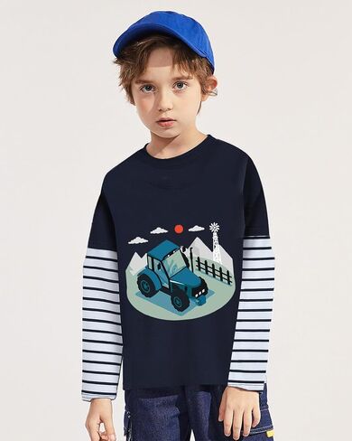 DDSOL Toddler Boy Long Sleeve Shirt Ball Dino Train Planet Excavator Stripe Long Sleeve Tops for Kids 2-7 Years in Kuwait