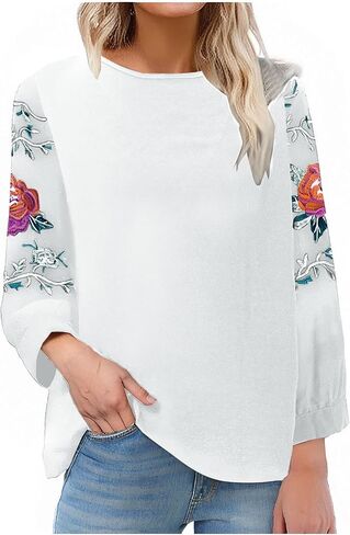 Boho Floral Embroidery Cotton Linen Tops for Women Summer Casual 3/4 Sleeve T Shirts Lightweight Ethnic Style Blouse in Kuwait