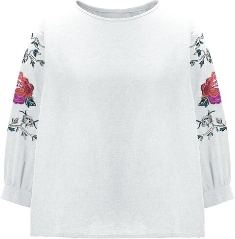Boho Floral Embroidery Cotton Linen Tops for Women Summer Casual 3/4 Sleeve T Shirts Lightweight Ethnic Style Blouse in Kuwait
