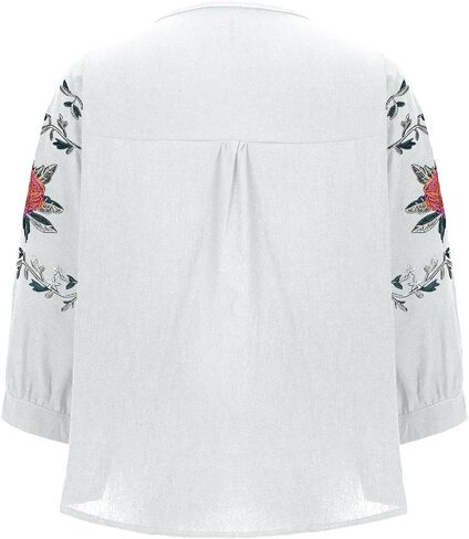 Boho Floral Embroidery Cotton Linen Tops for Women Summer Casual 3/4 Sleeve T Shirts Lightweight Ethnic Style Blouse in Kuwait