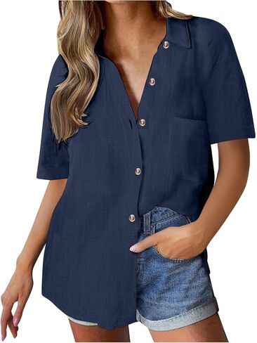 Linen Cotton Shirts for Women Button Down Casual Collar Blouse Dressy Casual Loose Fit Short Sleeve Tops with Pocket in Kuwait
