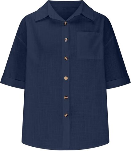 Linen Cotton Shirts for Women Button Down Casual Collar Blouse Dressy Casual Loose Fit Short Sleeve Tops with Pocket in Kuwait