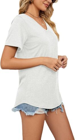 Ladies' Summer Short Sleeve Shirts V Neck Solid Color Loose T Shirts Stylish Blouses Tunic Tops in Saudi Arabia