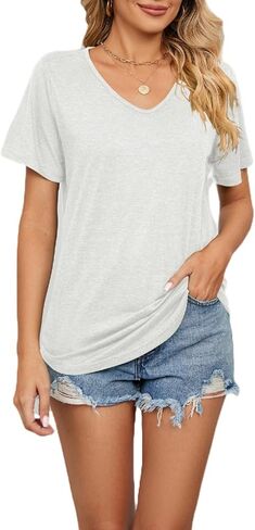 Ladies' Summer Short Sleeve Shirts V Neck Solid Color Loose T Shirts Stylish Blouses Tunic Tops in Saudi Arabia