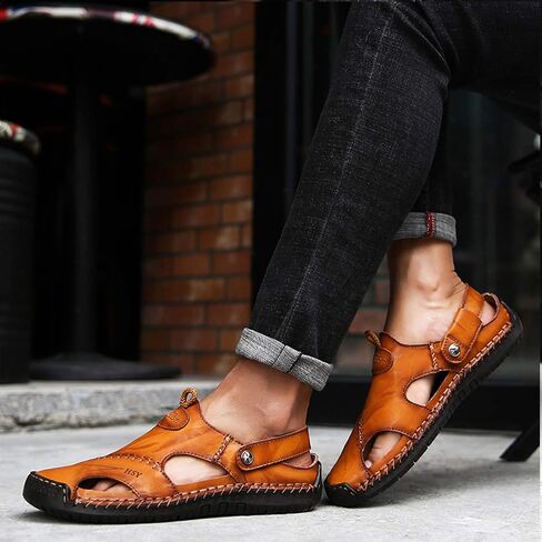 MIXSNOW Mens Leather Sandals Summer Casual Water Shoes Walking Outdoor Beach Travel Slippers （Black 44） in Saudi Arabia