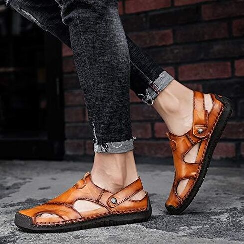 MIXSNOW Mens Leather Sandals Summer Casual Water Shoes Walking Outdoor Beach Travel Slippers （Black 44） in Saudi Arabia
