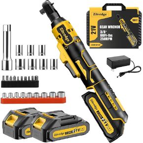 3/8" Cordless Electric Ratchet Wrench Set With Multi Drill Bits, 66FT-LBS 250 PRM Power Ratchet Wrench, 21V Ratchet Tool Kit, Variable Speed, 7 Sockets, LED Light, 1/4" and 1/2" Adapter, 2 Batteries