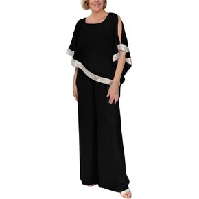 الترتر المرقعة شق فتحة الخفافيش بدلات طويلة السراويل ، الترتر 2 قطعة مجموعات الشيفون seffected colorblock مجموعة أنيقة من قطعتين