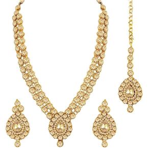 Aheli Indian Wedding Wear Faux Stone Necklace with Maang Tikka Set Elegant Ethnic Jewelry for Women in Saudi Arabia