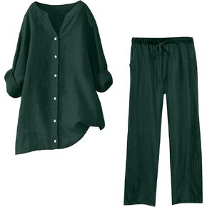 Two Piece Summer Outfits for Women Casual Cotton Linen Sets Oversized Button Shirts Drawstring Pants 2025 Resort Wear