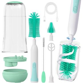 Electric Baby Bottle Brush, Rechargable Electric Bottle Brush Cleaner for Travel, Portable Baby Bottle Cleaner Brush Set with Silicone Nipple & Straw Brush, Perfect Essentials Gift for Mom(Green)