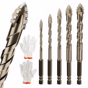 5 PCS Four Blade Serrated Eccentric Drill, 4 Flute Drill Bit Set, Comes with 1 White Glove, Suitable for Concrete/Glass/Brick/Cement/Tile/Wood Etc Size 5/6/8/10/12mm