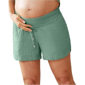 Maternity Shorts for Women Summer Comfy Over Belly Double Layered Pleats Pregnancy Drawstring Shorts with Pockets