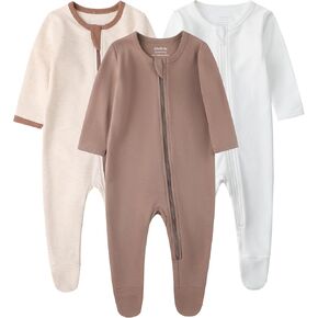 Owlivia Organic Cotton Baby Pajamas, Boys Girls 3-Pack Zip Front Sleep 'N Play, Footed Sleeper, Long Sleeve