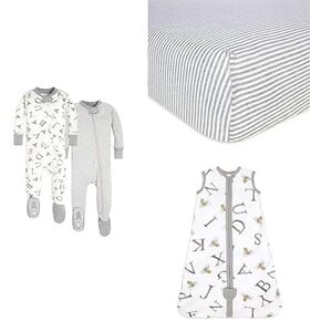 Burt's Bees Baby Bundle A-Bee-C Organic Cotton 2-Pack Boys Sleeper Pajamas Size 18 Months + Classic Stripe Fitted Crib Sheet Standard Size + A-Bee-C Beekeeper Soft Wearable Blanket Size Medium