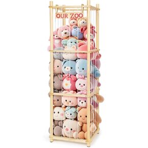 Stuffed Animal Zoo Storage - Tall Natural Pine Wood Toy Organizer with Elastic Cords & Shelf, Space-Saving Plushie Playhouse for Nursery, Playroom, Kids Bedroom - Easy Assembly