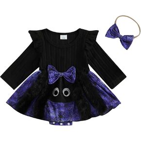 Baby Girl Halloween Outfit Cartoon Bat Romper Dress Long Sleeve Party Dress Infant Fall Winter Clothes with Headband