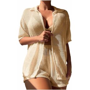Women's 2 Piece Cover Ups Set Short Sleeve Open Front Kimono Swimsuit Coverup Button up Swimsuit Cover Ups for