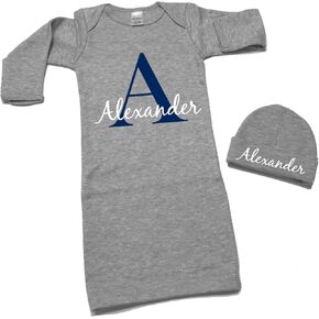 Monogram Gray Layette & Hat, Custom Newborn Going Home Gown & Hat Set, Size 0-3 Months XC