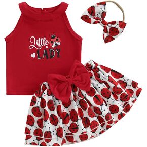 Summer Bee Ladybug 3PCS Skirt Outfits Infant Baby Girl Sleeveless Tank Tops A-Line Big Bowknot Skirts Headband
