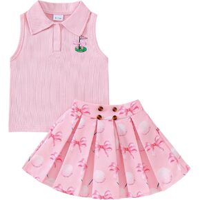 Toddler Baby Girl Golf Outfit Golf Print Lapel Collar Sleeveless Tank Top Mini Skirt Set Cute Girls Summer Clothes