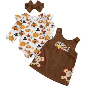 Adobabirl My First Thanksgiving Baby Girl Outfit Turkey Ruffle Long Sleeve Romper Overall Dress Headband Cute Fall Clothes