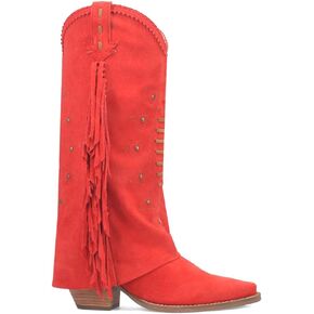 Dingo Womens Spirit Trail Studded Embroidered Fringe Snip Toe Pull On Casual Boots Knee High Mid Heel 2-3" - Red