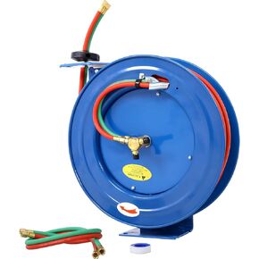 Welding Hose Reel Retractable 1/4 Inch x 100 Foot Twin Oxygen Acetylene Rubber Hoses STD Duty Max 200PSI Heavy Duty Industrial Single Arm Construction