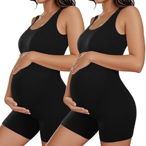 Coume 2 Pcs Women Maternity Bodysuit Pregnancy Shapewear Sleeveless Tank Top Shorts Jumpsuit Ribbed Maternity Workout Romper