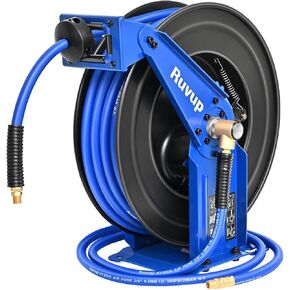 Ruvup Retractable Air Hose Reel, 3/8" x 75ft Air Compressor Hose Reel Auto Rewind Hybrid Hose Max 300PSI with 6.5ft Lead Hose Heavy Duty Steel Double Arm with 12-Position Ratchet Lock