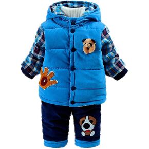 Child Boy's Cartoon Thick Cotton-Padded Parka Hooded Coat Pant Clothing Set