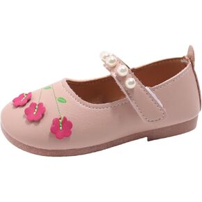 Girls Mary Jane Dress Shoes Ballet Pumps Flower Pearl Strap Dance Sandals Closed Toe Flats for Kids Wedding Party