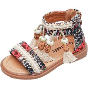 Girls Bohemian Open Toe Sandals with Tassel Beaded Vintage Open Toe Soft Sole Retro Roman Ethnic Style Beach Shoes