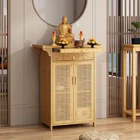 Personal Shrine Altar Table, Bamboo Buddhist Altar with Plastic Rattan Cabinet Door, Buddha Niche Chinese Cabinet with Storage (Black, 120cm/47.2in)