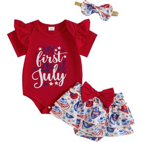 4th of July Baby Girl Clothes Bow/Ice Cream Print Romper Short Skirt Sets My First 4th of July Baby Girl Outfit