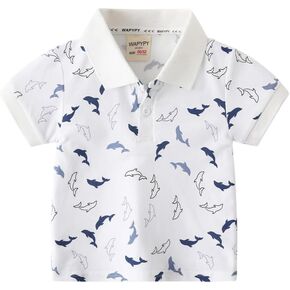 Toddler Baby Summer Boys Polo T Shirt Collared Cartoon Print Button Polo Shirt Top Casual Sport Tee Kid Shark