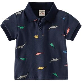 Toddler Baby Boys Short Sleeve Polo T-Shirt Cute Cartoon Dinosaur Printed Lapel Tops Button Outfit Shirts Top