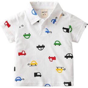 Toddler Baby Boys Short Sleeve Polo T-Shirt Cute Cartoon Car Print Solid Tops Button Baby Boy Clothes Outfit
