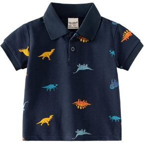 Toddler Boys Polo Shirt Cotton Short Sleeve Button Up Shirt Cartoon Dinosaur Pattern Tee Boys Top Undershirt Summer