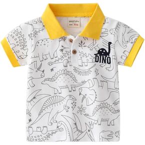Irsutey Boy Baby Toddler Short Sleeve Polo T-Shirt Striped Cartoon Print Lapel Cute Comfy Cotton Button V Neck Shirts